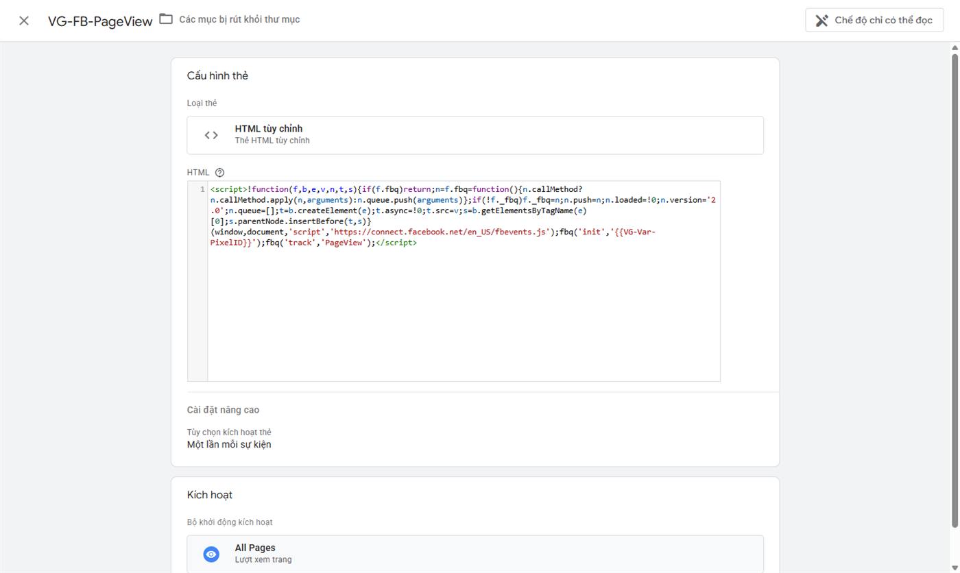 Thẻ VG-FB-PageView sau khi cấu hình