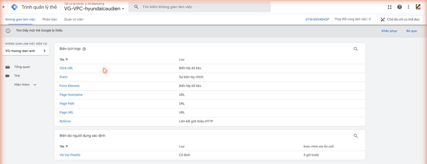 Màn hình Biến với 4 biến tích hợp sẵn và biến VG-Var-PixelID